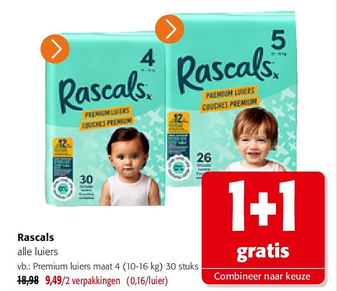 Rascals Premium luiers maat 4 (10-16 kg) 30 stuks