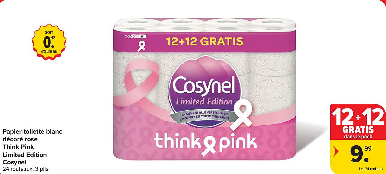 Papier-toilette blanc décoré rose Think Pink Limited Edition Cosynel 24 rouleaux