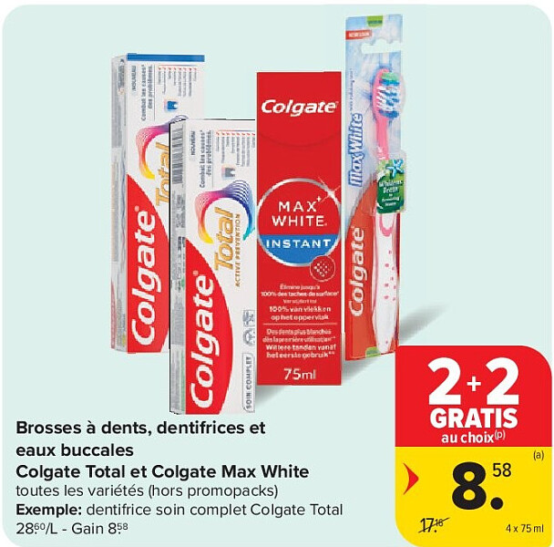 Brosses à dents, dentifrices et eaux buccales Colgate Total et Colgate Max White 4 x 75 ml