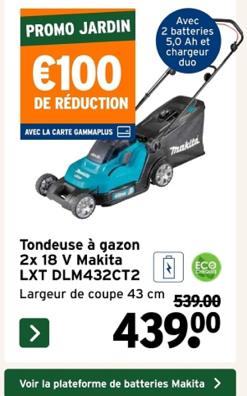 Tondeuse à gazon 2x 18 V Makita LXT DLM432CT2
