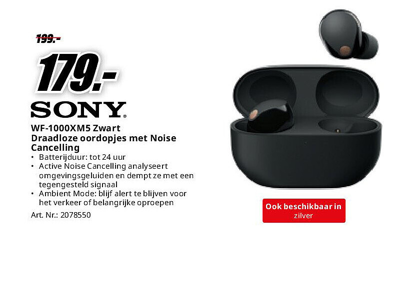 WF-1000XM5 Zwart Draadloze oordopjes met Noise Cancelling