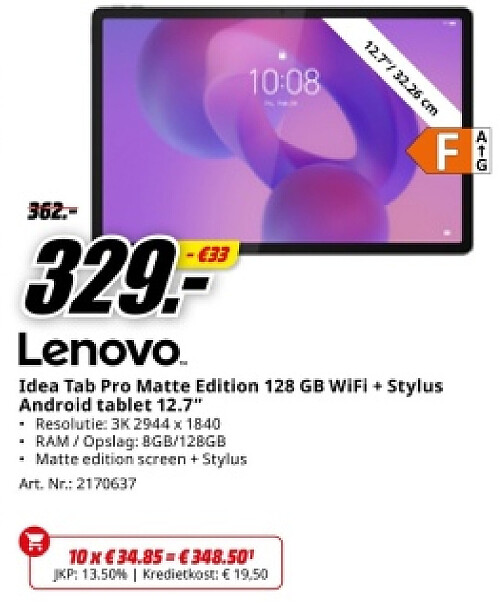 Lenovo Idea Tab Pro Matte Edition 128 GB WiFi + Stylus Android tablet 12.7"