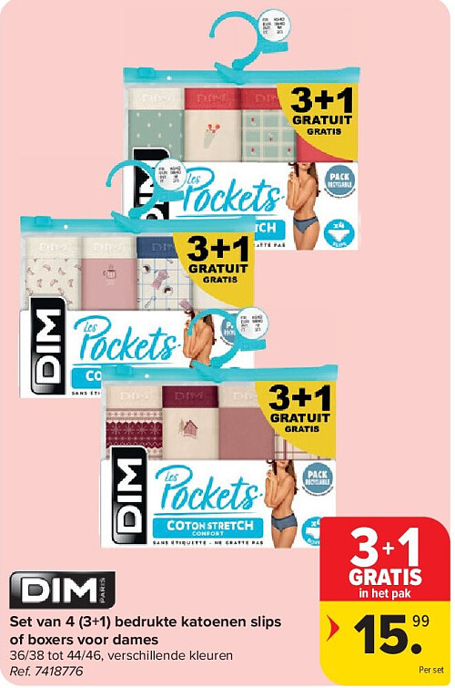 Set van 4 (3+1) bedrukte katoenen slips of boxers voor dames