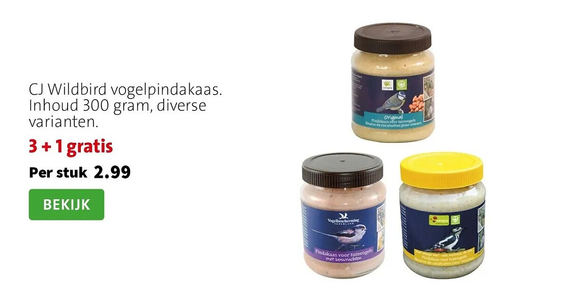 CJ Wildbird vogelpindakaas. Inhoud 300 gram, diverse varianten.