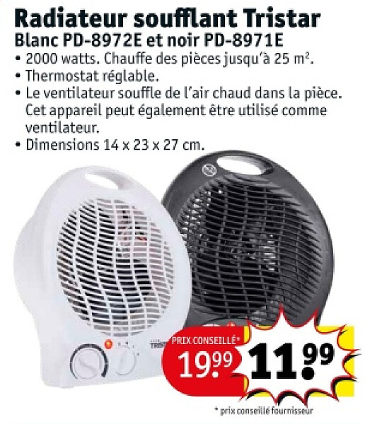 Radiateur soufflant Tristar Blanc PD-8972E et noir PD-8971E