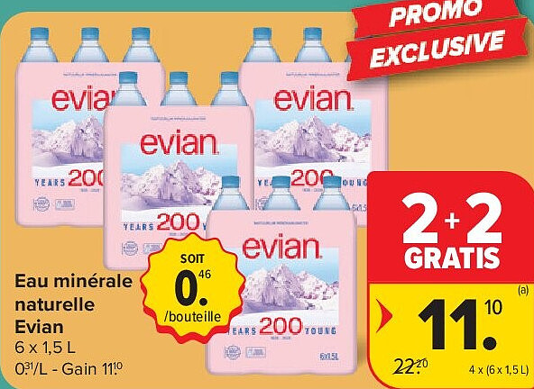 Eau minérale naturelle Evian 4 x (6 x 1,5 L)