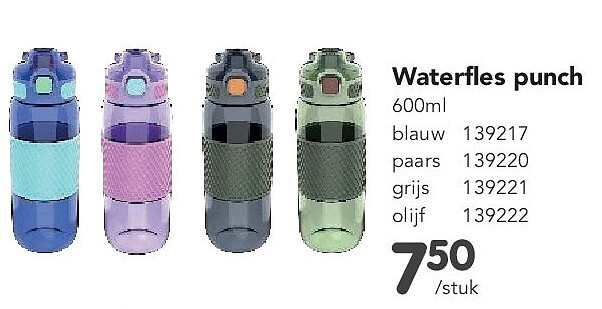 Waterfles punch 600ml blauw 139217 paars 139220 grijs 139221 olijf 139222