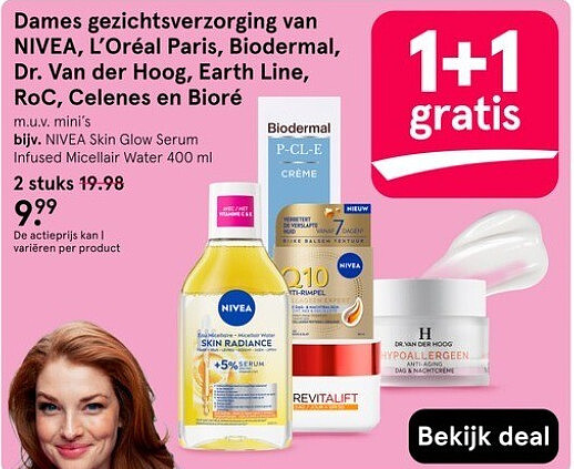 Dames gezichtsverzorging van NIVEA, L'Oréal Paris, Biodermal, Dr. Van der Hoog, Earth Line, RoC, Celenes en Bioré