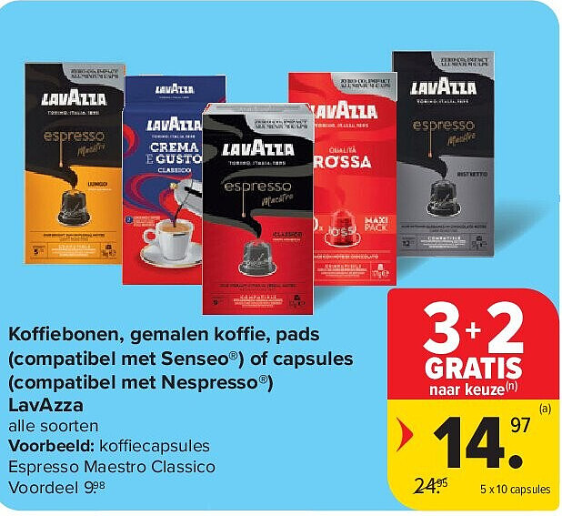 Koffiebonen, gemalen koffie, pads (compatibel met Senseo®) of capsules (compatibel met Nespresso®) LavAzza
