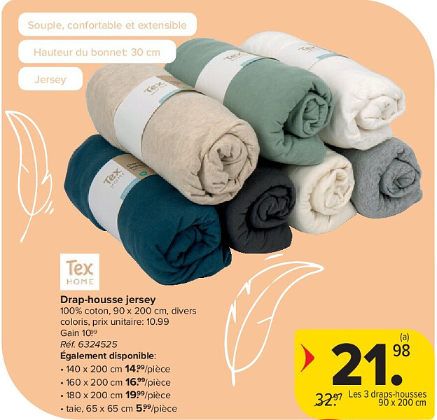Drap-housse jersey 100% coton, 90 x 200 cm