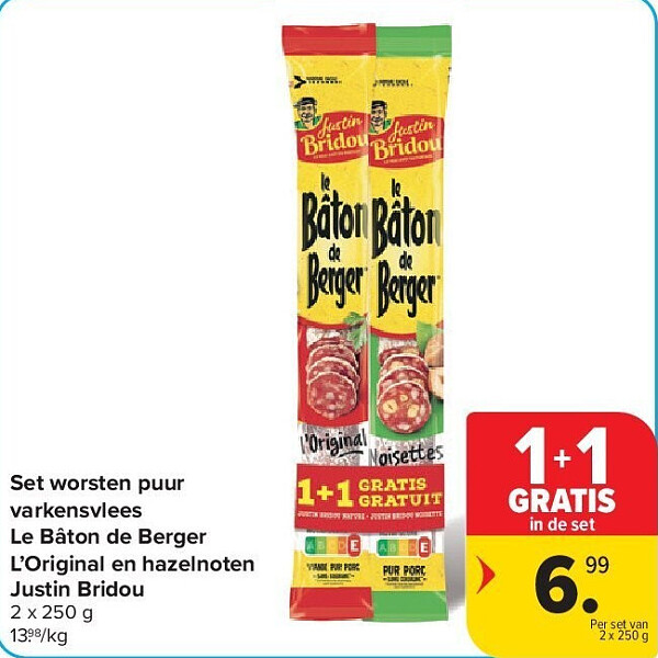 Set worsten puur varkensvlees Le Bâton de Berger L’Original en hazelnoten Justin Bridou