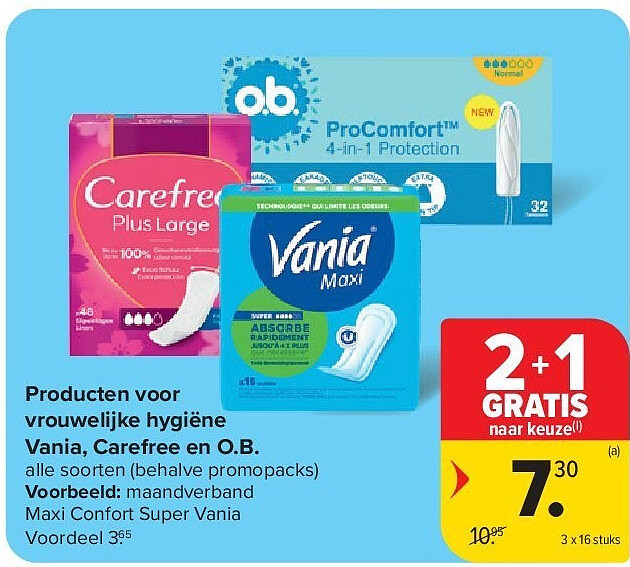 Producten voor vrouwelijke hygiëne Vania, Carefree en O.B