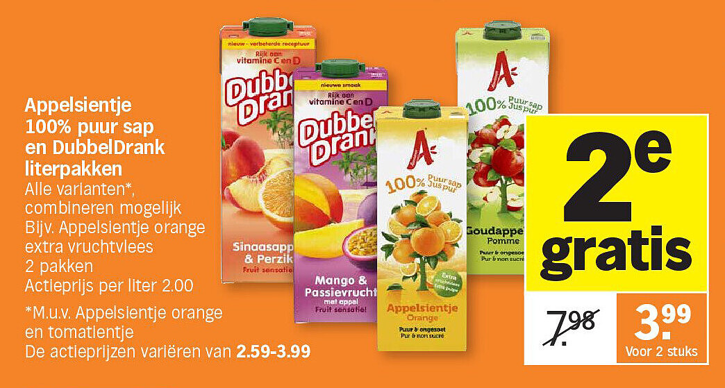 Appelsientje 100% puur sap en DubbelDrank literpakken