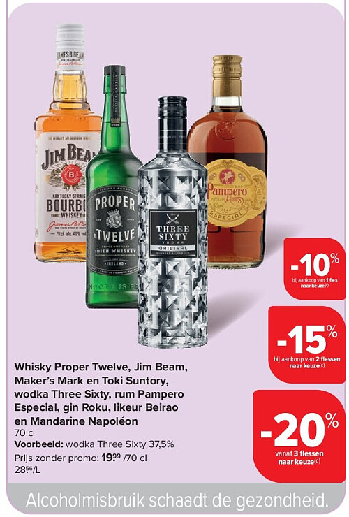 Whisky Proper Twelve, Jim Beam, Maker’s Mark en Toki Suntory, wodka Three Sixty, rum Pampero Especial, gin Roku, likeur Beirao en Mandarine Napoléon