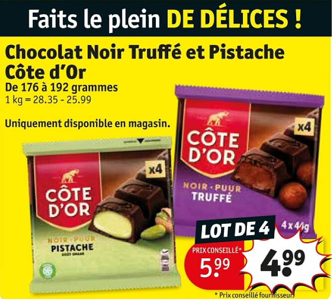 Chocolat Noir Truffé et Pistache Côte d’Or LOT DE 4