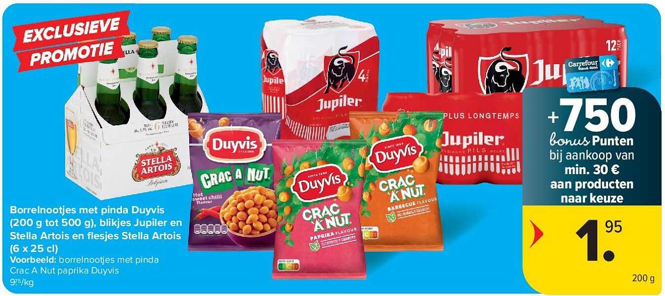 Borrelnootjes met pinda Duyvis (200 g tot 500 g), blikjes Jupiler en Stella Artois en fl esjes Stella Artois (6 x 25 cl)