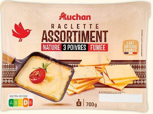 Assortiment raclette Auchan 26% MG, nature, 3 poivres et fumée, 700 g