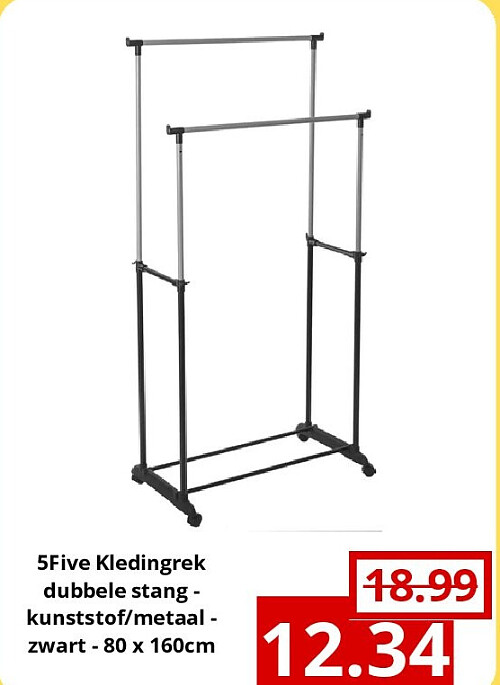 5Five Kledingrek dubbele stang - kunststof/metaal - zwart - 80 x 160cm