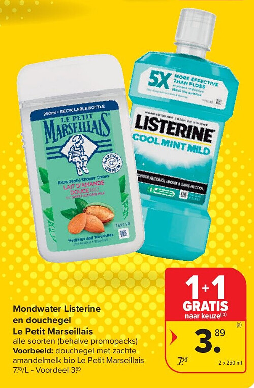Mondwater Listerine en douchegel Le Petit Marseillais