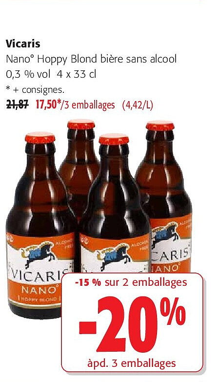 Vicaris Nano° Hoppy Blond bière sans alcool 0,3 % vol 4 x 33 cl