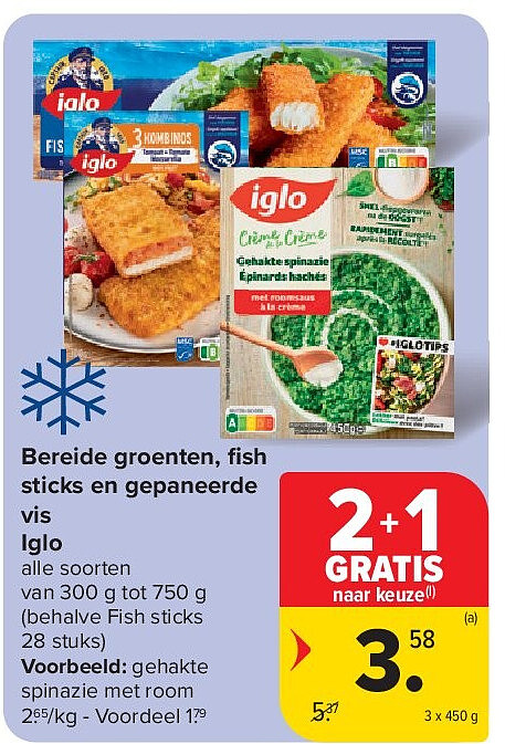 Bereide groenten, fish sticks en gepaneerde vis Iglo