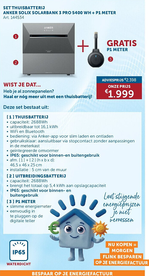 SET THUISBATTERIJ ANKER SOLIX SOLARBANK 3 PRO 5400 WH + P1 METER