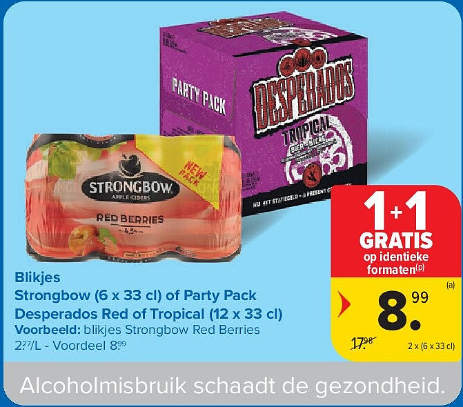 Blikjes Strongbow (6 x 33 cl) of Party Pack Desperados Red of Tropical (12 x 33 cl)