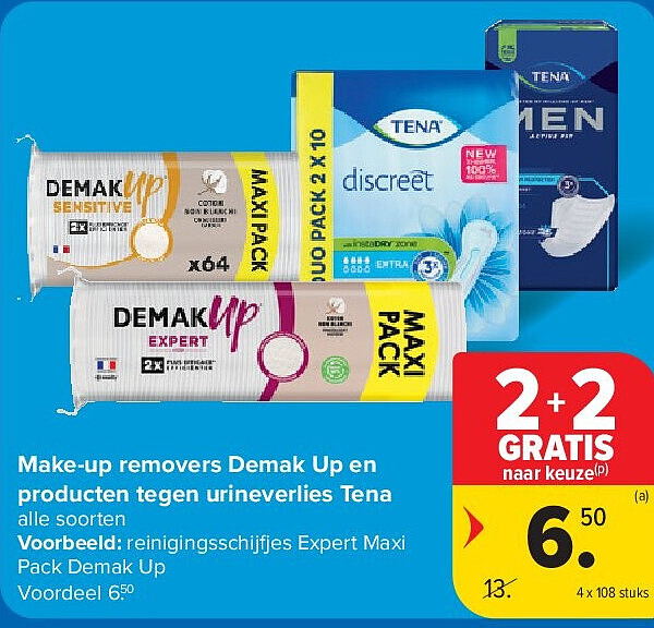 Make-up removers Demak Up en producten tegen urineverlies Tena