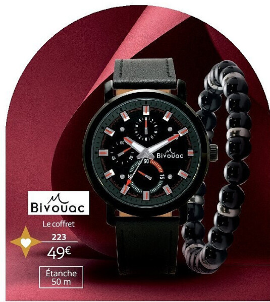 Coffret montre homme Bivouac avec bracelet cuir noir et bracelet fantaisie