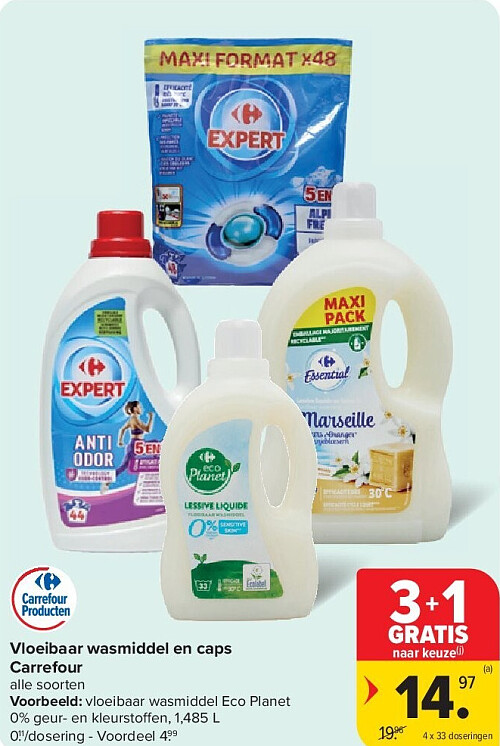 Vloeibaar wasmiddel en caps Carrefour
