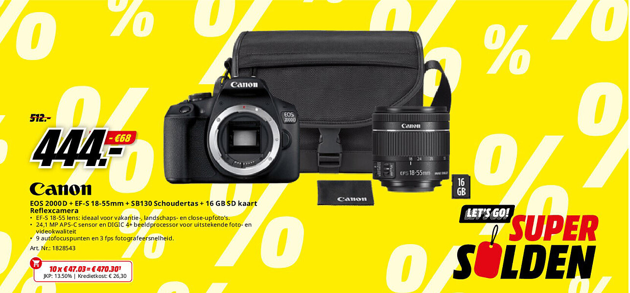 Canon EOS 2000D + EF-S 18-55mm + SB130 Schoudertas + 16 GB SD kaart Reflexcamera