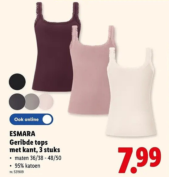 ESMARA Geribde tops met kant, 3 stuks