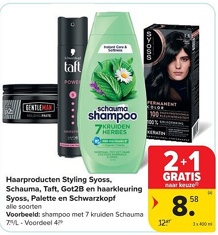 Haarproducten Styling Syoss, Schauma, Taft, Got2B en haarkleuring Syoss, Palette en Schwarzkopf