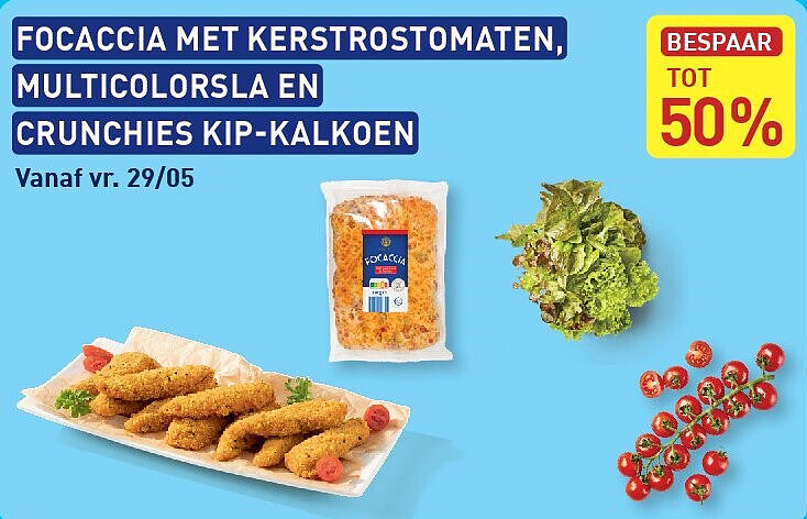 FOCACCIA MET KERSTROSTOMATEN, MULTICOLORSLA EN CRUNCHIES KIP-KALKOEN