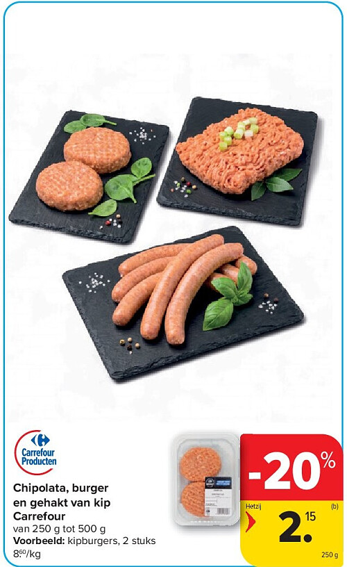Chipolata, burger en gehakt van kip Carrefour