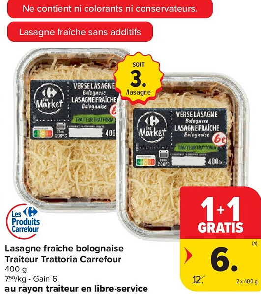 Lasagne fraîche bolognaise Traiteur Trattoria Carrefour 2 x 400 g