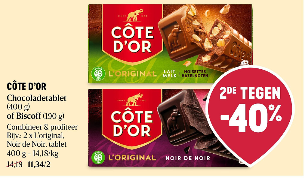 CÔTE D’OR Chocoladetablet (400 g) of Biscoff (190 g)