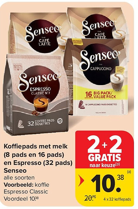 Koffiepads met melk (8 pads en 16 pads) en Espresso (32 pads) Senseo