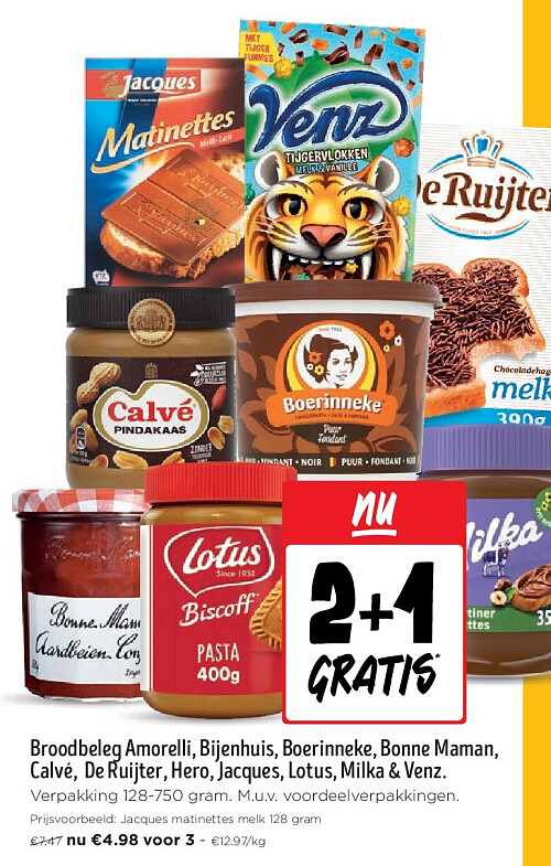Broodbeleg Amorelli, Bijenhuis, Boerinneke, Bonne Maman, Calvé, De Ruijter, Hero, Jacques, Lotus, Milka & Venz.