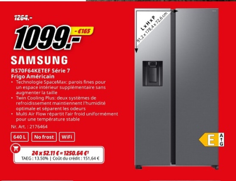 SAMSUNG RS70F64KETEF Série 7 Frigo Américain