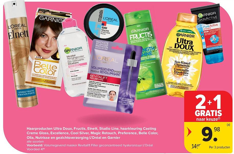 Haarproducten Ultra Doux, Fructis, Elnett, Studio Line, haarkleuring Casting Creme Gloss, Excellence, Cool Silver, Magic Retouch, Preference, Belle Color, Olia, Nutrisse en gezichtsverzorging L’Oréal en Garnier