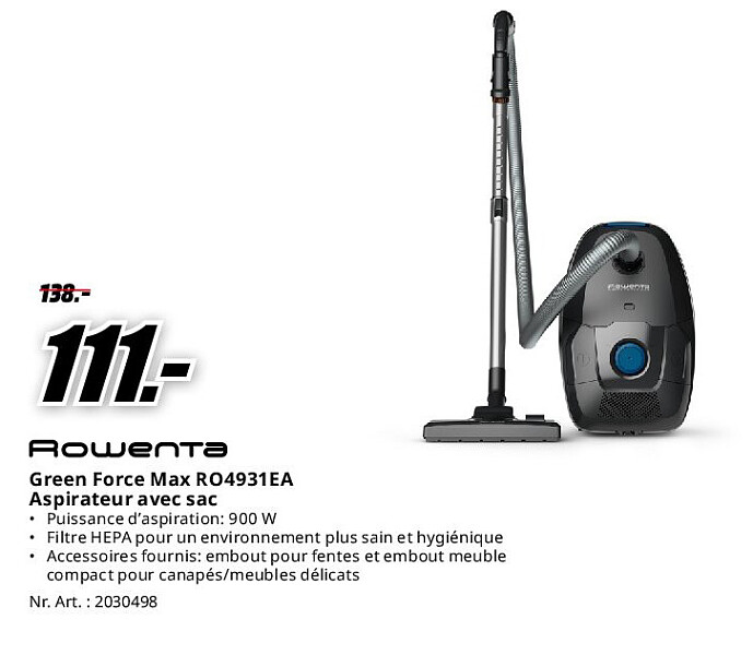 Green Force Max RO4931EA Aspirateur avec sac