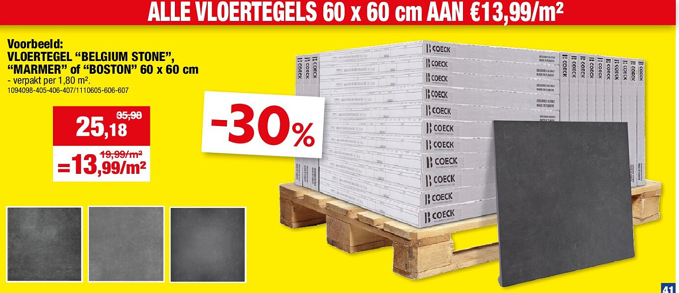 VLOERTEGEL “BELGIUM STONE”, “MARMER” of “BOSTON” 60 x 60 cm