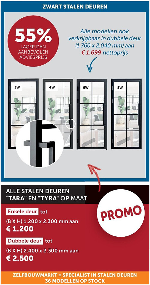 ALLE STALEN DEUREN "TARA" EN "TYRA" OP MAAT (B X H) 1.200 x 2.300 mm aan