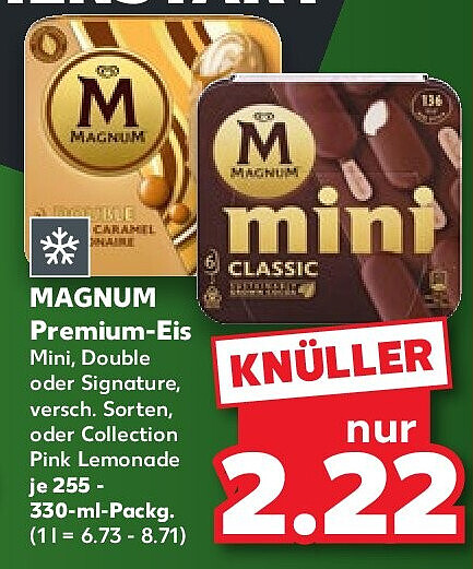 MAGNUM Premium-Eis Mini, Double oder Signature, versch. Sorten, oder Collection Pink Lemonade je 255 - 330-ml-Packg. (1 l = 6.73 - 8.71)