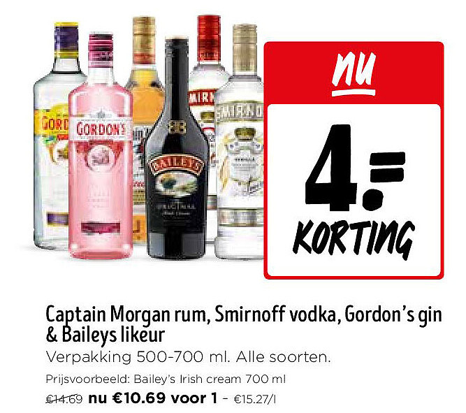 Captain Morgan rum, Smirnoff vodka, Gordon’s gin & Baileys likeur