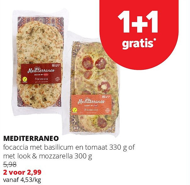 MEDITERRANEO focaccia met basilicum en tomaat 330 g of met look & mozzarella 300 g