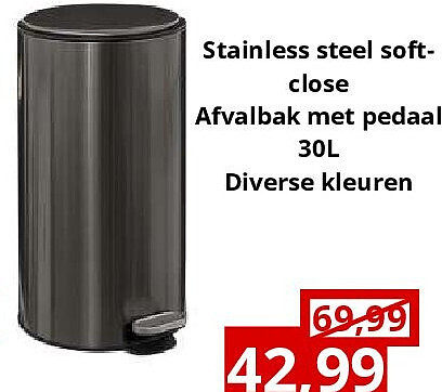 Stainless steel softclose Afvalbak met pedaal30L Diverse kleuren