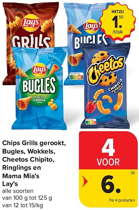Chips Grills gerookt, Bugles, Wokkels, Cheetos Chipito, Ringlings en Mama Mia’s Lay’s
