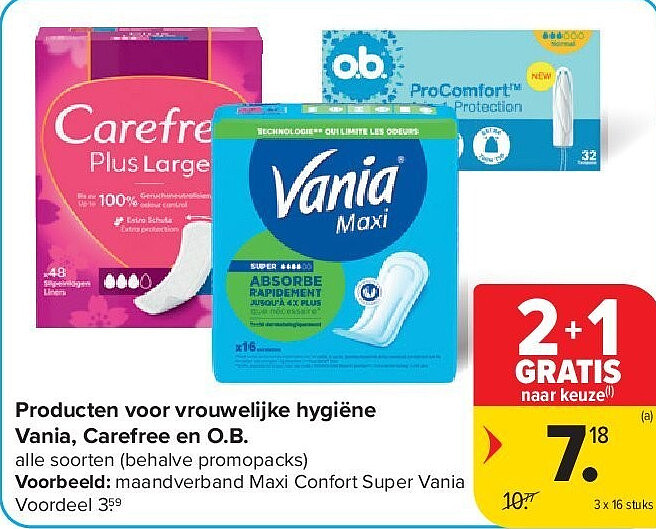 Producten voor vrouwelijke hygiëne Vania, Carefree en O.B.